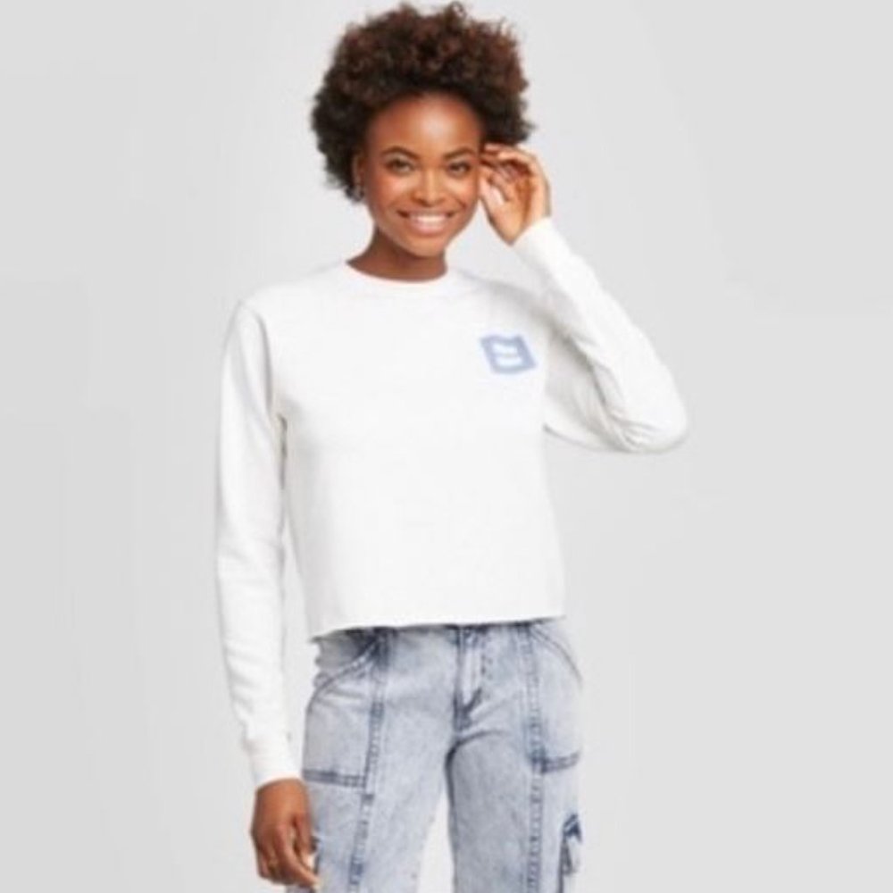 NWT Mighty Fine Equality Now White Purple Cropped Long Sleeve Sweatshirt Small
